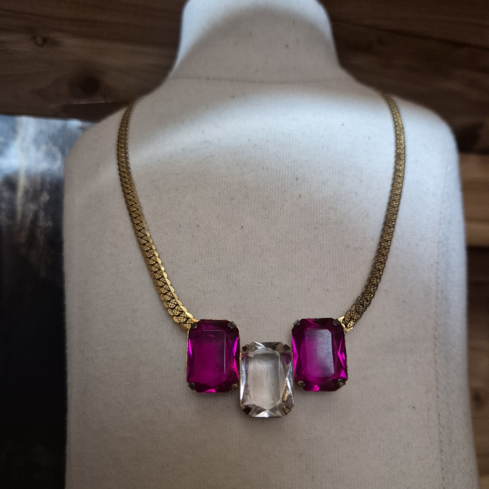 Vintage 50's Gold Necklace with Pink and Clear Accents